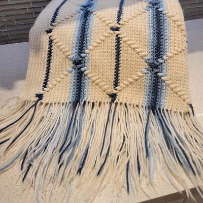Afghan Throw/blanket  white/blue Gorgeous Handmade Fringe Granny Core 55×75  Evc - Image 1 of 4