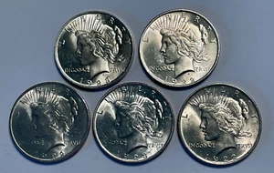Lot of 5 BU $1 Silver Peace Dollars, Common Dates and Mint Marks - Picture 1 of 9