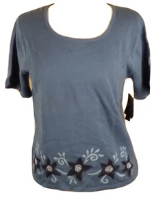 Sag Harbor Damen Oberteil Small Pullover Kurzarm Blau Pulli Blumen Neu mit Etikett  - Bild 1 von 10