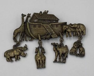 JJ Jonette Pewter NOAH’S ARK PIN Bronze-Tone Animals Brooch Artifacts Religious - Picture 1 of 15