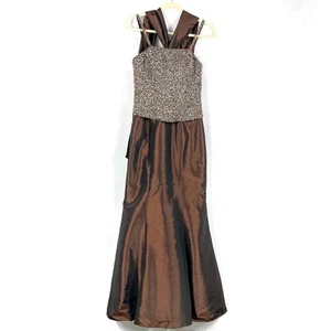 La Perle Chocolate Brown Satin Gown Sequin Beaded Maxi Dress Sz 2 - Picture 1 of 10