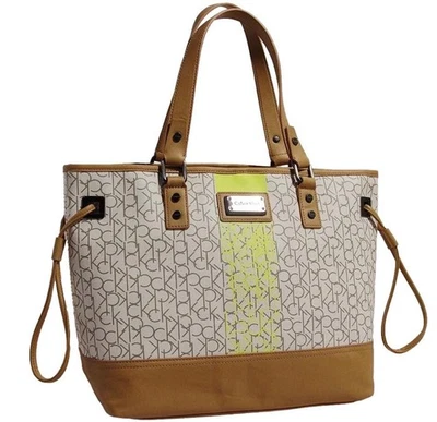NEW Calvin Klein Logo Print White Tan Large Shopper Travel Tote Bag Handbag - Image 1 of 4