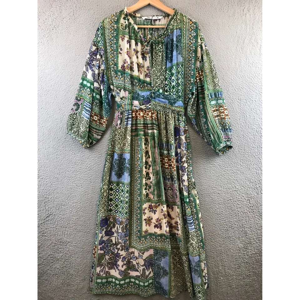 Vestido midi con estampado floral y retazos de ZARA manga larga cuello atado para mujer talla M Foto 1 de 4