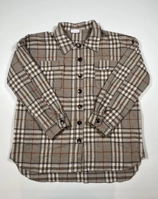 Pink Lily Jacket XL Tan Gray Plaid Wool Blend Button Up Shacket Casual - Image 1 of 4