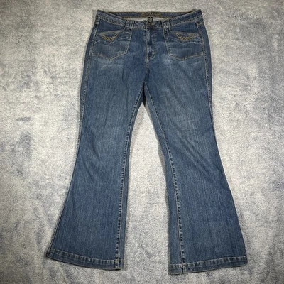 Kikit Bootcut Flair Jeans Women's Size 16 Embroidered Patch Pockets Fade Whisker - Image 1 of 4