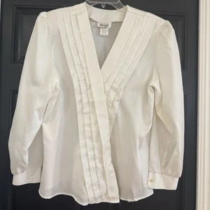 Vintage Rhoda Lee '70s V- Neck Pleated White/Cream Blouse Sz 14 Union Label - Picture 1 of 8
