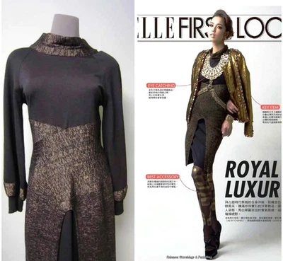 $3045 Chanel AUTÉNTICO NUEVO CON ETIQUETAS Negro Bronce Patrón Contorno Puño Acanalado Tejido Vestido 38 11A Foto 1 de 4