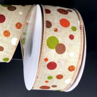 Fall Dots 1.5" by 2 yards Natural Wired Ribbon Glitter Linen Country Fall Green - Image 1 of 4