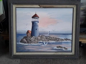 ORIGINAL LIGHT HOUSE OIL PAINTING 16 x 20 plus soil framed signed, C. Lepore - Picture 1 of 3
