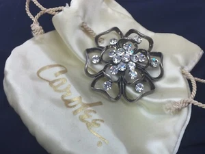 Vintage Large CAROLEE Open Work Flower Petal Pin Brooch Rhinestones w/Pouch - Picture 1 of 11