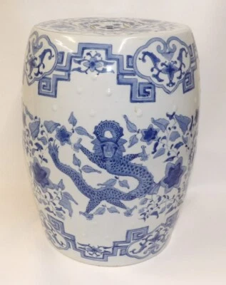Chinese Chinoiserie Blue White Ceramic Garden Drum Stool - Dragon Phoenix - Image 1 of 4