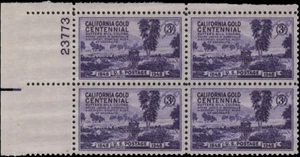 Scott # 954 - US Plate Block Of 4-California Gold 3c Dark Violet-*MNH*- 1948 - Picture 1 of 1
