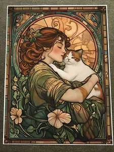 Romantic Woman Holding Cat in Art Nouveau Frame Poster 18x24in - Picture 1 of 1