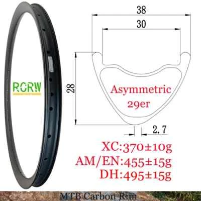 29er MTB XC AM EN DH Carbon Rim Asymmetric Tubeless Clincher Bicycle Rim 38X28mm - Изображение 1 из 4