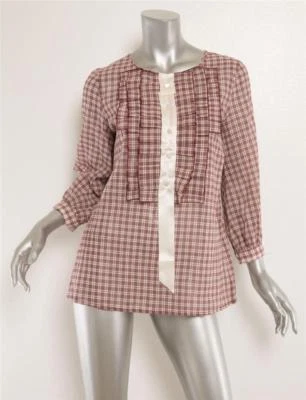 Blusa Top MARC JACOBS Burdeos Plisada a Cuadros Volantes Frontal Satinado Botón 4 NUEVA $575 Foto 1 de 4