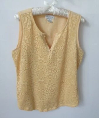 Camiseta sin mangas Liz Claiborne amarilla encaje frontal mezcla algodón muesca cuello *Talla L Foto 1 de 3