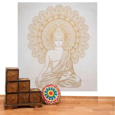 Wandteppich Tagesdecke Wandbehang Deko Tuch Buddha Meditation Gold XXL Boho Goa - Bild 1 von 4