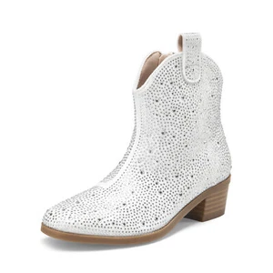 Cowgirl Cowboy Boots Girls Boots Rhinestone Boots Ankle Low Heel Dress Booties - Picture 1 of 13