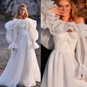 Wedding Dresses Strapless A Line Ruffles Detachable Long Balloon Sleeves Lace Up - Picture 1 of 22