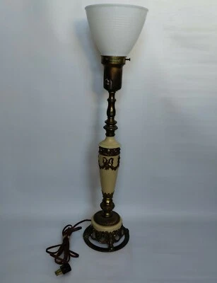 Vtg Rembrandt Torchiere Table Lamp Milk Glass Waffle Globe 26" Brass Ivory Paint - Image 1 of 4