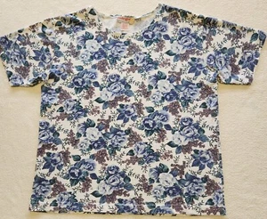 Energie ~  Women's Vintage Short Sleeve Top ~ Size Large ~ Blue+White ~ Floral - Picture 1 of 7