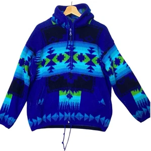 Chaqueta con Capucha de Lana Cremallera Completa Southwestern De Colección M Azul Tribal Artesanal Vibrante - Imagen 1 de 6