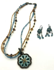 Vintage Avon Beaded Necklace & Earring Set, Marked Nina Ricci, Blue Brown Tan - Picture 1 of 10