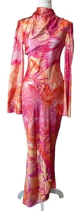 Vestido Daska Talla XS Satinado Estampado Maxi con Mangas Embudo en Rosa Excelente - Imagen 1 de 13