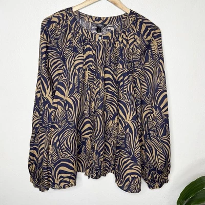 Blusa Top Mujer Banana Republic Estampado Cebra Marrón Lino Botón Frontal XL Boho Foto 1 de 4