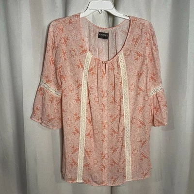 Чероки женщин персиковый цветочный крестьянин блузка кружева деталь размер L - Изображение 1 из 4