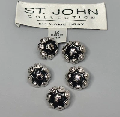 ST JOHN By Marie Gray Knits Black Enamel & Silver STAR Replacement Buttons  5Pcs - Image 1 of 4
