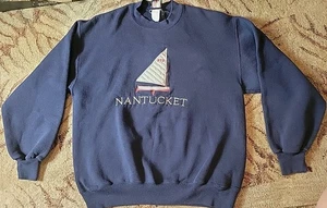 Vintage Oarsman 913 90s Nantucket Embroidered Sweatshirt Nautical Blue Sailboat - Picture 1 of 10
