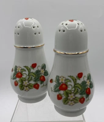 2 Vintage 1978 Avon Salt Pepper Shaker Strawberries Porcelain 22k Gold Trim - Image 1 of 4