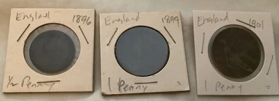 Lote de 3 monedas inglesas antiguas: medio penique 1896, penique 1899, penique 1901 Foto 1 de 4