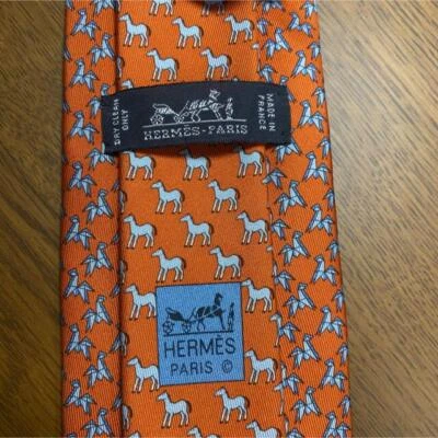 HERMES TIE HORSE ORIGAMI ORANGE SILK MINT JAPAN MEN USED RARE FEDEX NECKTIE  - Image 1 of 4