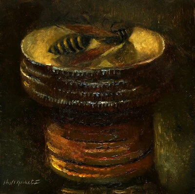 Abejorro con cuartos 6x6 pulgadas Óleo sobre tabla original Hall Groat II Foto 1 de 3