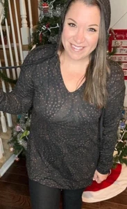 Camicia LuLaRoe Eliza manica lunga con cappuccio taglia L nera e marrone stampa tunica Hacci nuova con etichette - Foto 1 di 6
