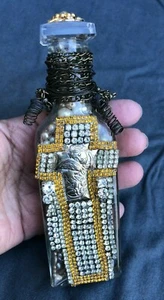 #162 Altered Art Bottle NATIVITY CROSS Rhinestones UPCYCLED Assemblage Art - Picture 1 of 9