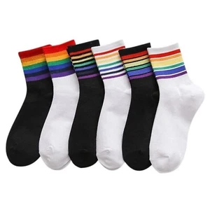 Regenbogen Streifen weiß schwarz Baumwolle Damen Herren warm Winter dicke Größe lange Socken - Bild 1 von 15