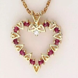 Women's Heart Pendant 14K Yellow Gold Plated 2 Ct Round Cut Lab-Created Red Ruby - Picture 1 of 4