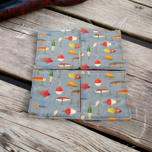 Fabric Coasters Set Of 4 Reversible Fishing Lures and Red Gingham - Picture 1 of 5