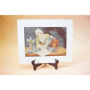 Cross stitch handmade embroidered picture Lady cleaning silverwear - Picture 1 of 7