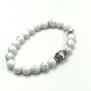 White Howlite Gemstone Pearl Cap Handmade Men Women Stretchable Bracelet 7.5" - Picture 1 of 4
