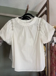 Voy Top Women's Size L Large White Rhinestone Bubble Sleeve NWT Charming - Picture 1 of 8