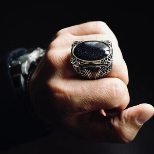 Silver Men's Statement Ring Bold solid 925k Blue Aventurine Starstone size 12 - Picture 1 of 9