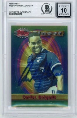 CARLOS DELGADO SIGNED AUTOGRAPH 1994 FINEST #423 CARD BLUE JAYS BECKETT AUTO 10 - Image 1 of 2