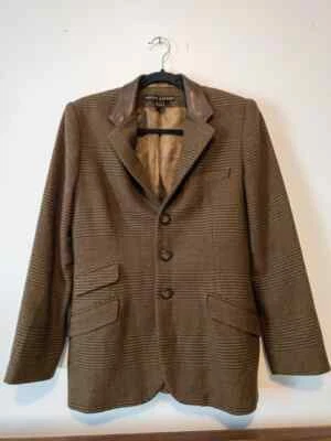 VTG 90s Black Label RALPH LAUREN Wool Plaid Blazer Leather Collar Women US 12  - Image 1 of 4