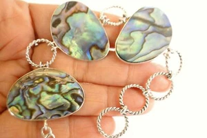 Green Pau Abalone Shell 3 Stone 925 Sterling Silver Link Bracelet - Picture 1 of 6