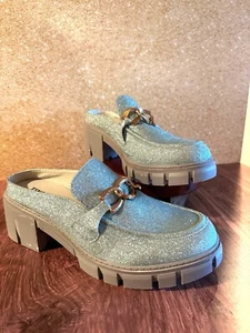 TINSTREE Platform Loafers for Women with Chain – Sparkly Blue Wedge Heel, Size 1 - Picture 1 of 9