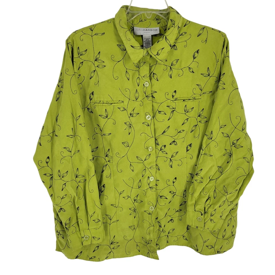 VTG Sag Harbor Embroidered Leaf Print Blouse Button Up 24W Fairy Faux suede - Image 1 of 4